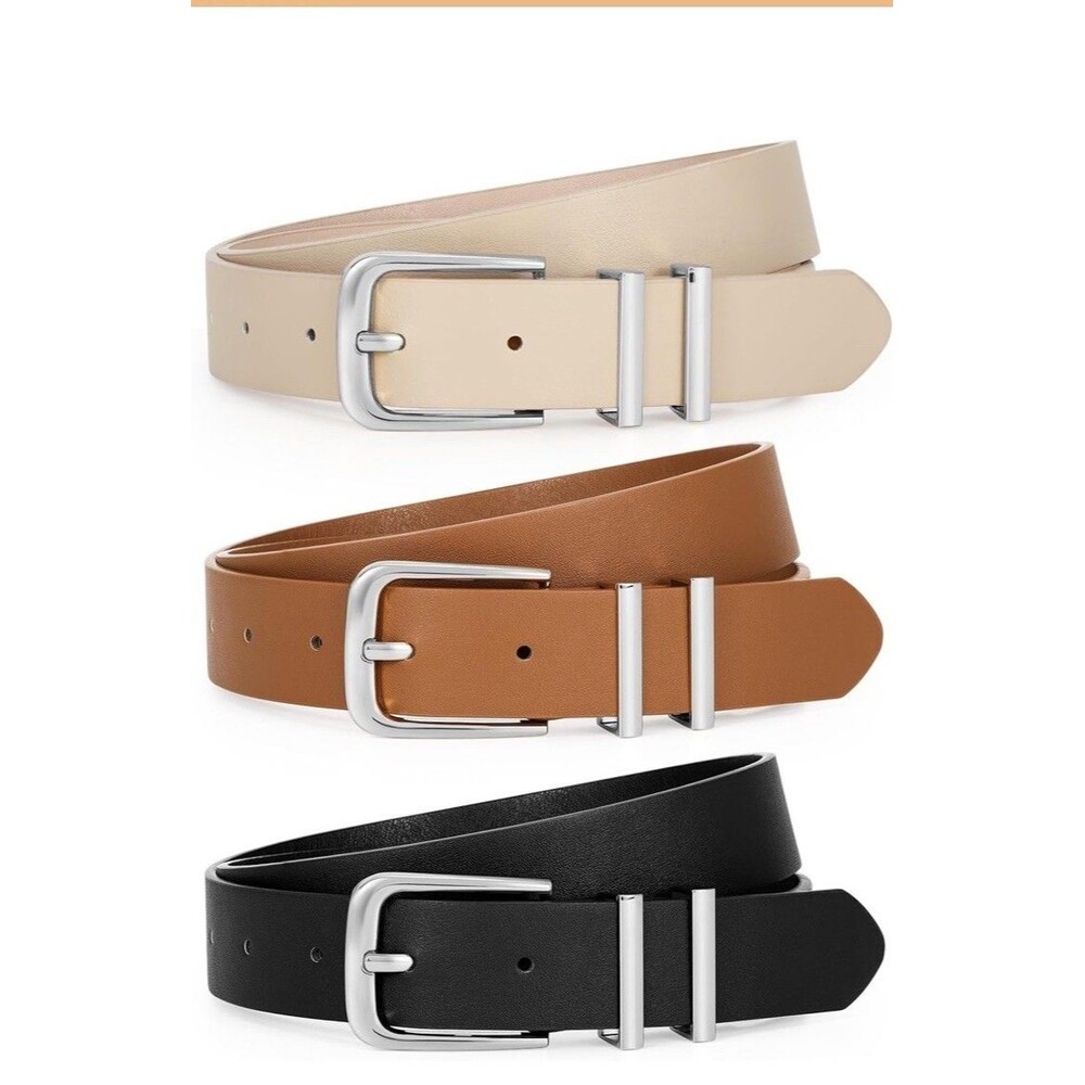 Women’s Faux Leather Belts Silver Buckle Trend for Jeans Dress Pants - 3 Pack